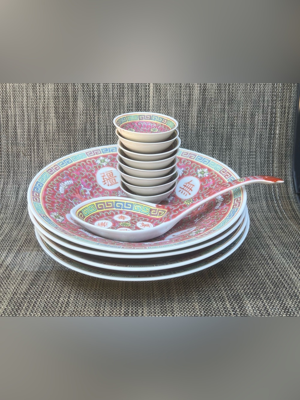 Vintage Chinese Melamine Longevity Pattern Plates Bowls Serving Spoon 14-Piece